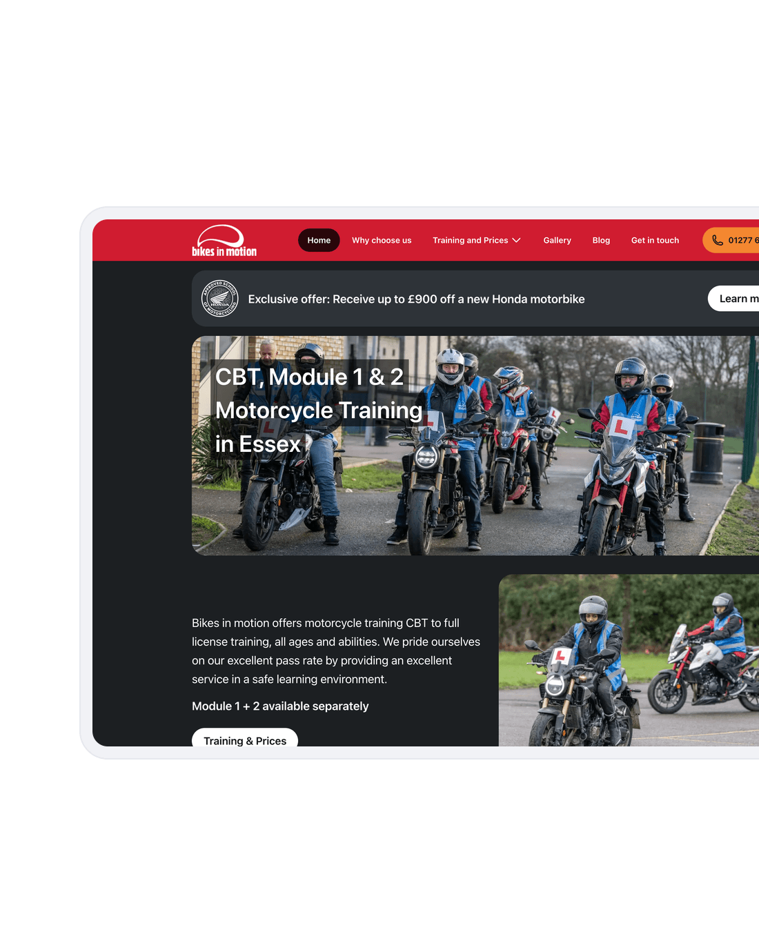 Bikes in Motion homepage with learner riders lined up on Honda motorcycles under the headline CBT, Module 1 & 2 Motorcycle Training in Essex