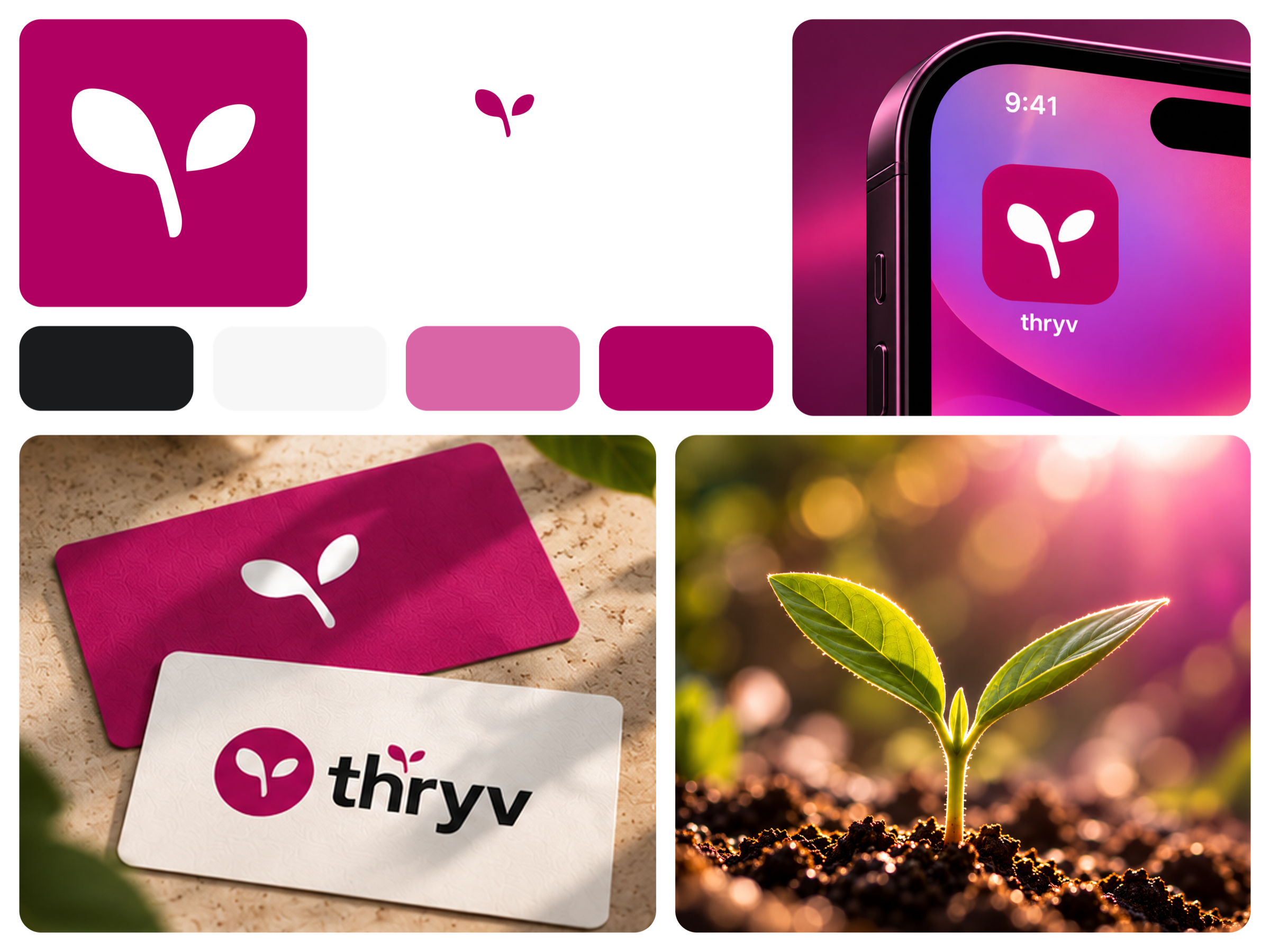 Thryv brand identity: a seedling logo mark, the thryv wordmark, a magenta and charcoal palette, the app icon on a phone, business cards and a sprouting seedling photo