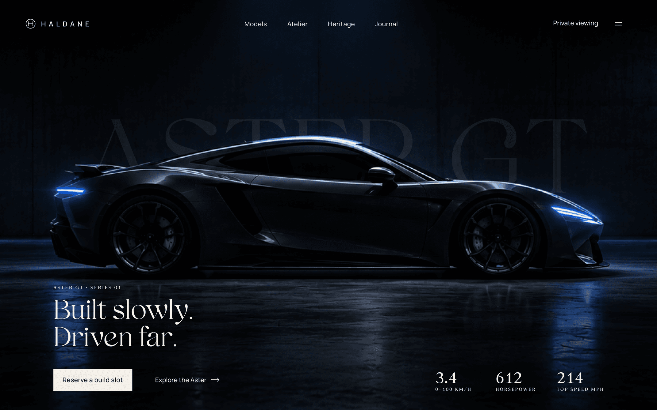 Haldane homepage: an Aster GT sports car in a studio, with the headline Built slowly. Driven far. and its 0-100, horsepower and top speed figures
