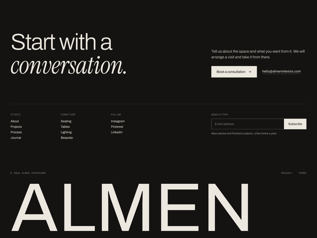 Closing section reading Start with a conversation, above the footer links, a newsletter sign-up and the ALMEN wordmark