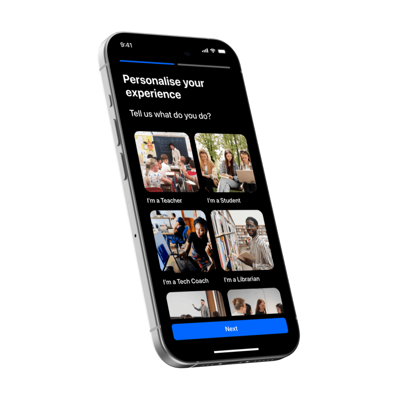 iPhone showing Wakelet's 'Personalise your experience' screen, asking whether you're a teacher, student, tech coach or librarian