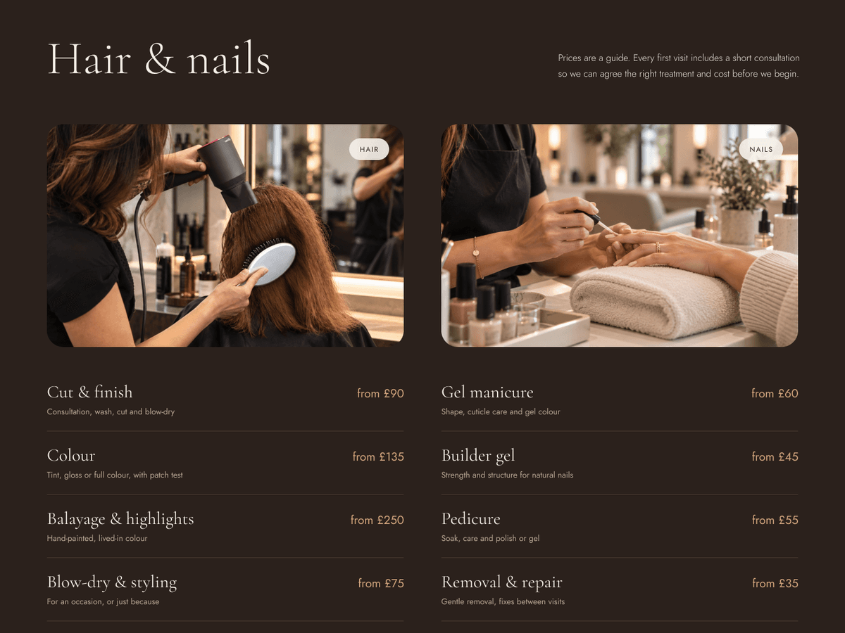 Hair and nails price list on a dark band, with a photo above each column