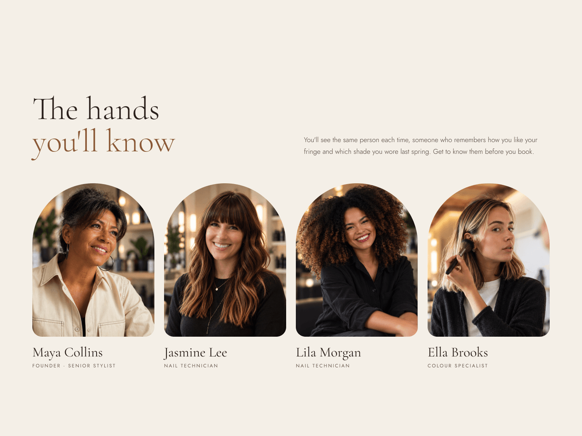 The hands you'll know section introducing four team members in arched portraits