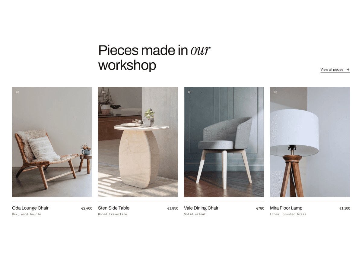 Pieces made in our workshop section showing four pieces of furniture with materials and prices